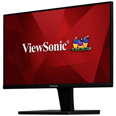 Monitor spoločnosti ViewSonic s červeným pozadím obrazovky a logom zobrazujúcim tri pestrofarebné vtáky.