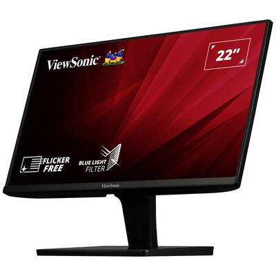 Monitor ViewSonic s 22-palcovou obrazovkou, ktorý propaguje funkcie 'Flicker Free' a 'Blue Light Filter' na červenom pozadí.