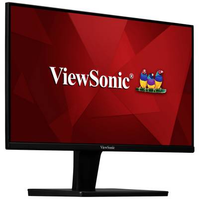 Počítačový monitor s červeným pozadím zobrazuje logo ViewSonic a tri štylizované vtáky.
