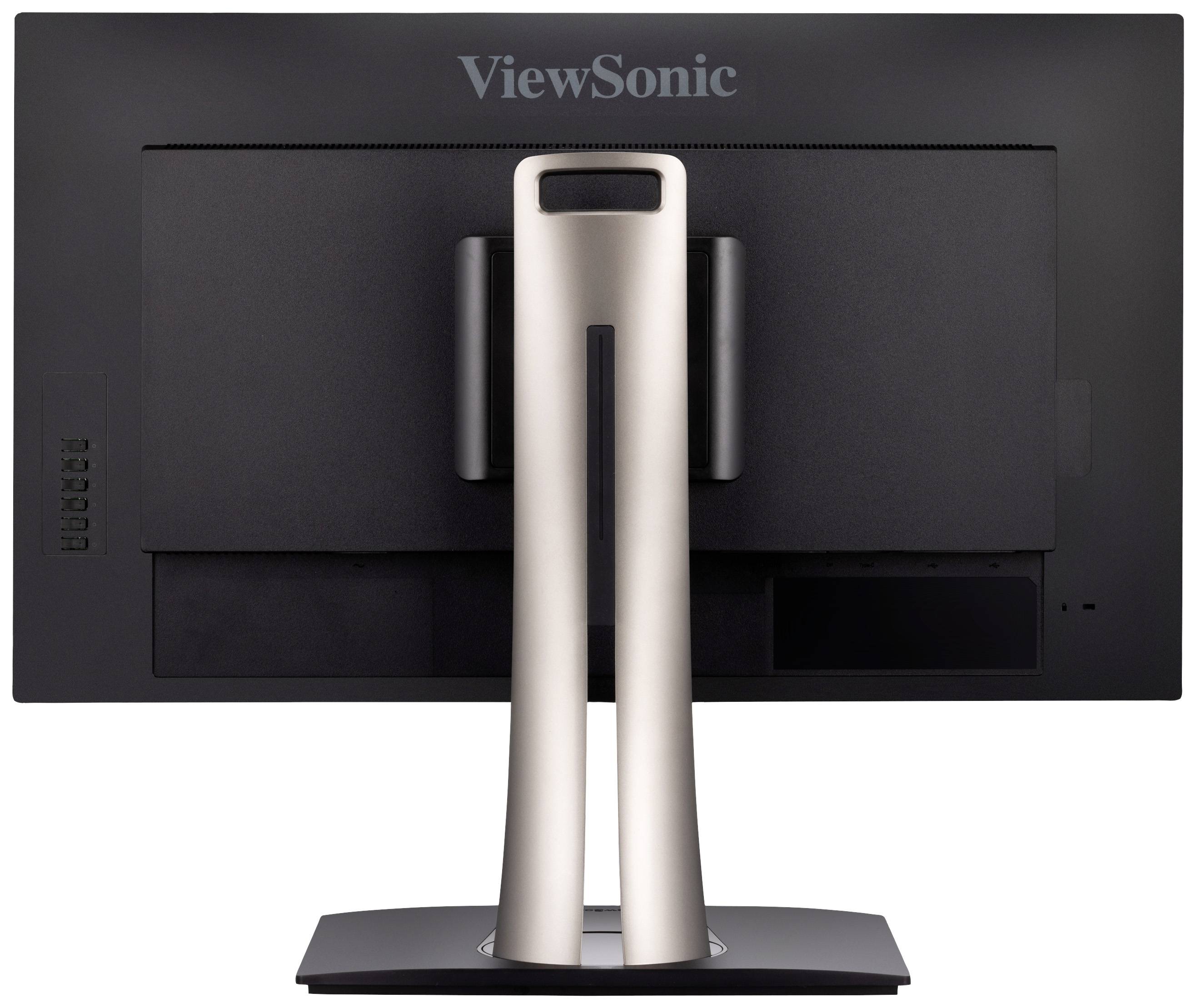 Pohľad zozadu na čierny monitor ViewSonic so strieborným stojanom, ktorý zobrazuje káblové konektory a úchyty.
