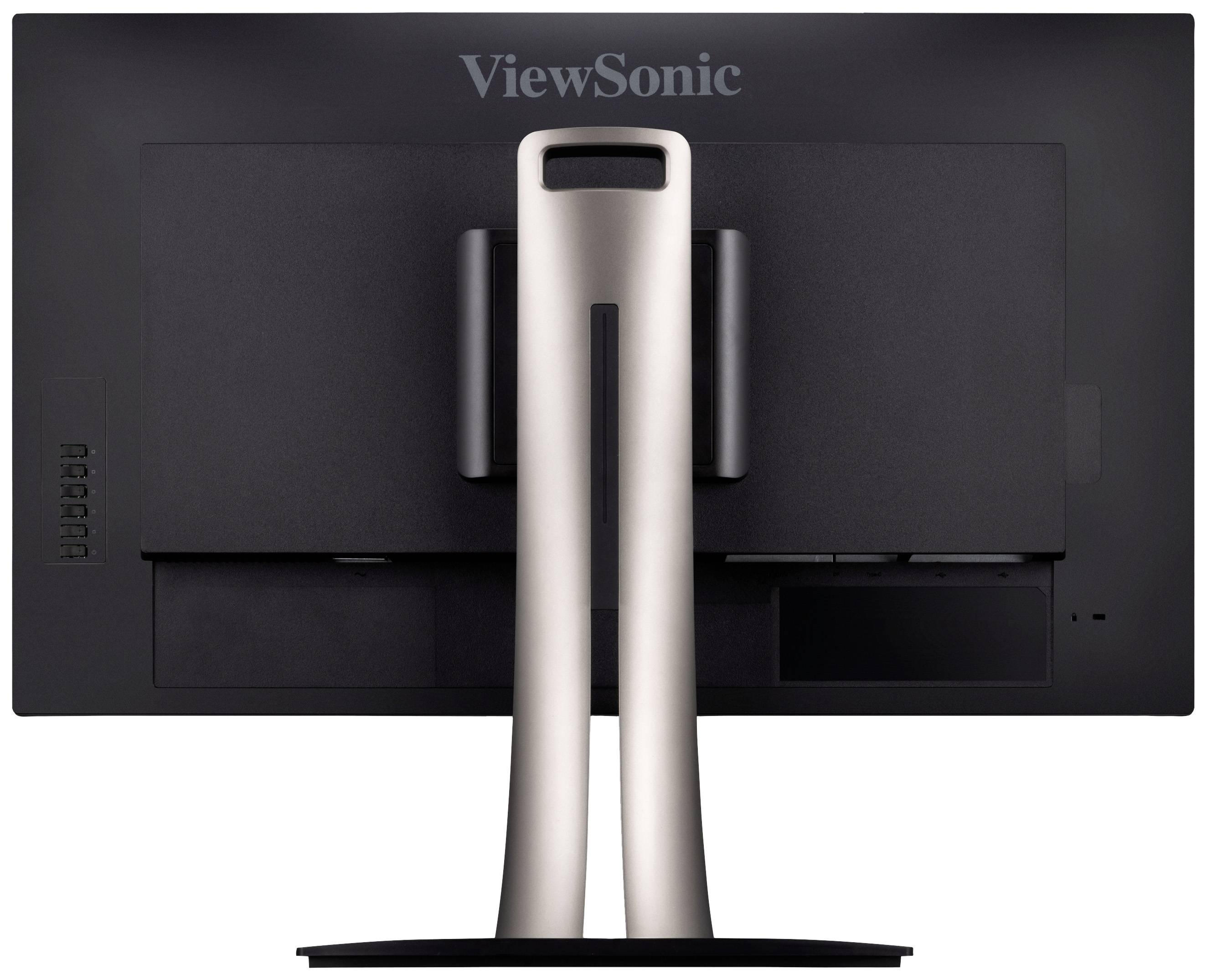 Monitor zozadu s jednoduchým strieborným stojanom. Značka 'ViewSonic' je viditeľná v hornej časti.