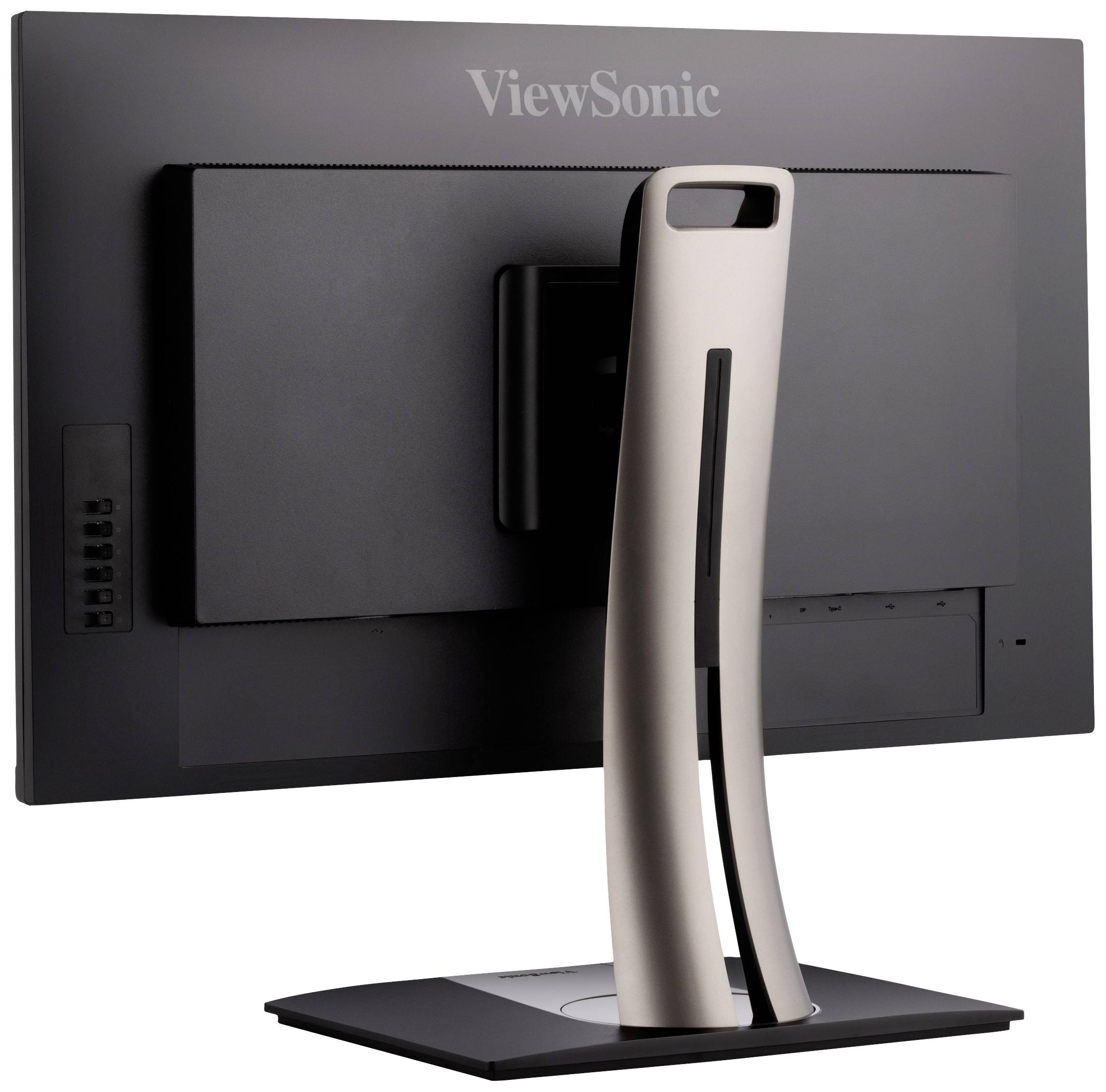 Monitor ViewSonic, pohľad zozadu. Ukazuje stojan a konektory na zadnej strane.
