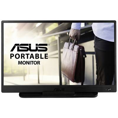 Prenosný monitor ASUS zobrazuje obraz obchodníka, ktorý nesie hnedú aktovku. Monitor je vypnutý.