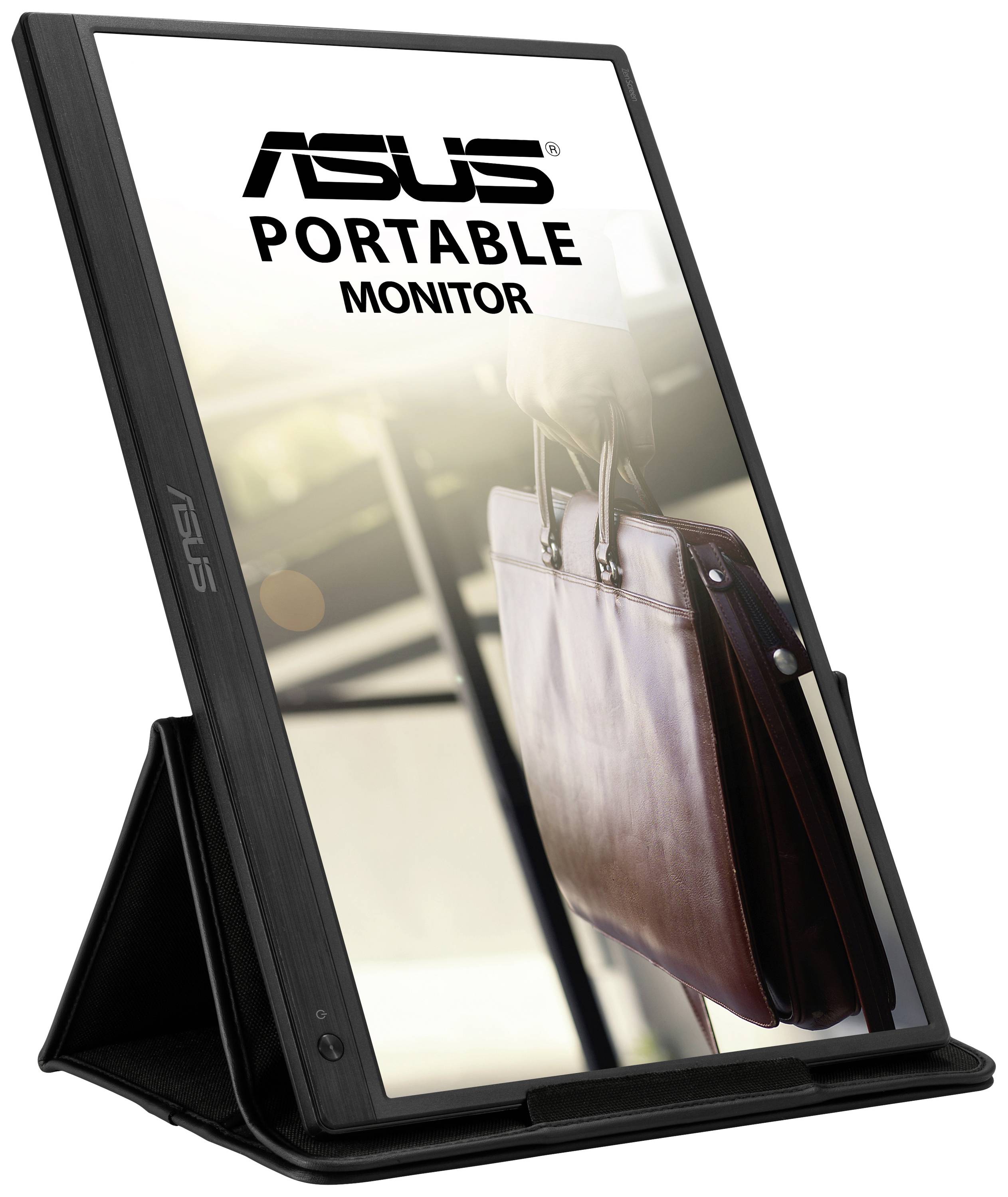 Prenosný monitor Asus v stojane, displej zobrazuje ruku nesúcu koženú tašku.