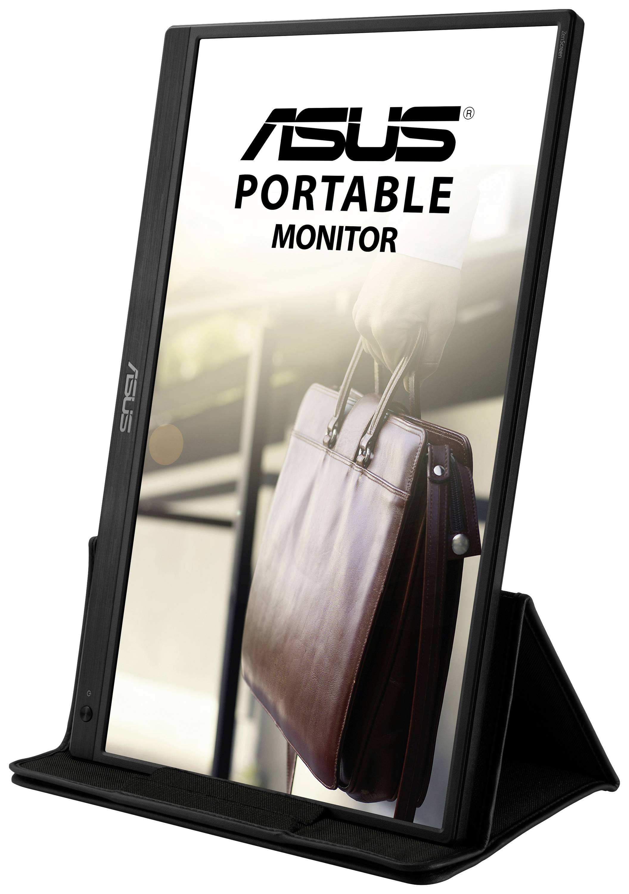 Prenosný monitor ASUS v stojane, zobrazujúci obrázok s koženou taškou. Mobilná práca je symbolizovaná kompaktným rozmerom.