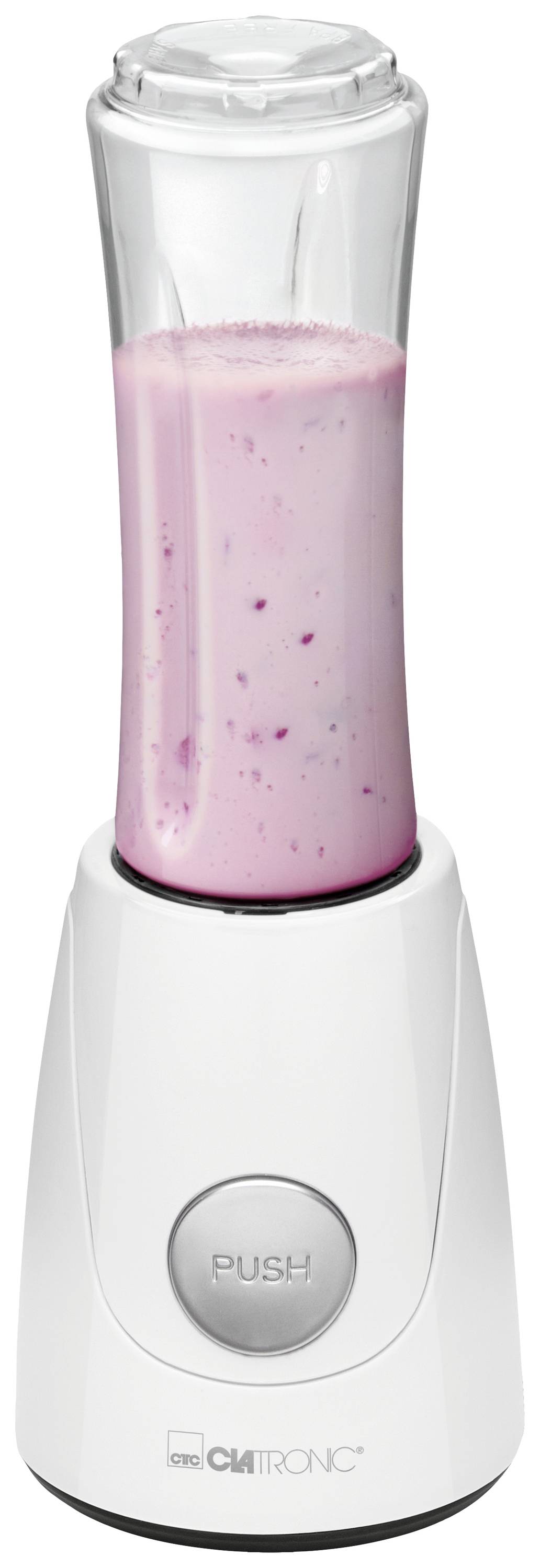 Biely stolový mixér s priehľadnou nádobou, naplnený ružovým smoothie. Tlačidlo na prednej strane je označené nápisom 'PUSH'.