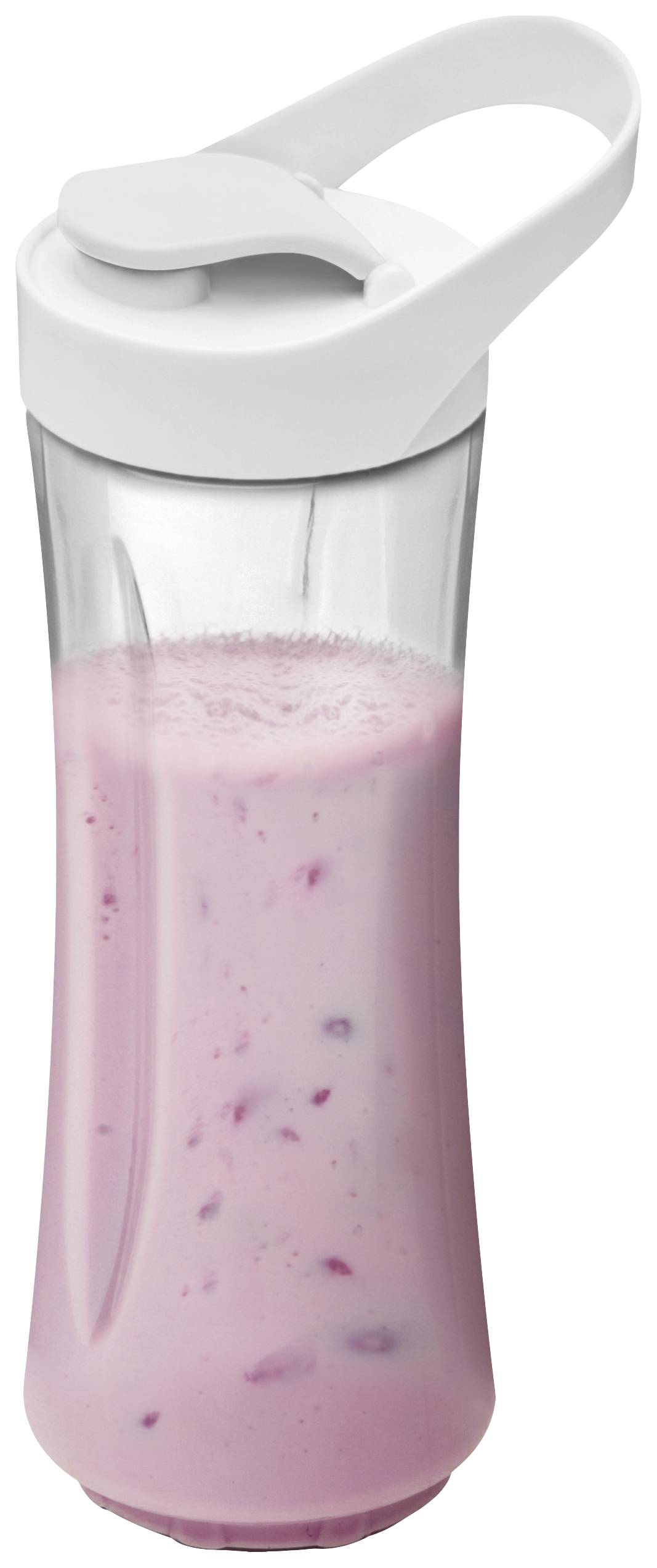 Priehľadná fľaša na pitie s bielym uzáverom, naplnená ružovým smoothie obsahujúcim maliny alebo podobné ovocie.