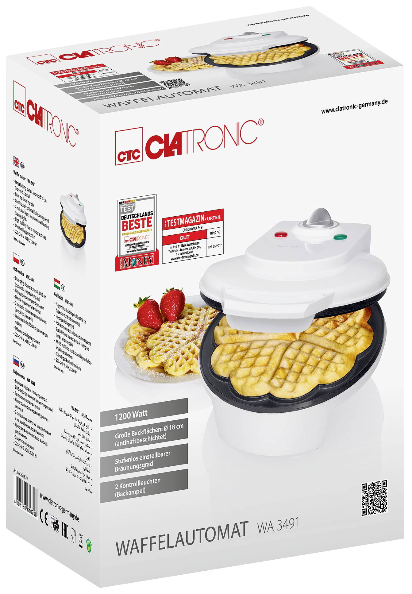 Obal automatického výrobníka na vafle značky Clatronic, model WA 3491, zobrazuje zariadenie s vaflami v tvare srdca.