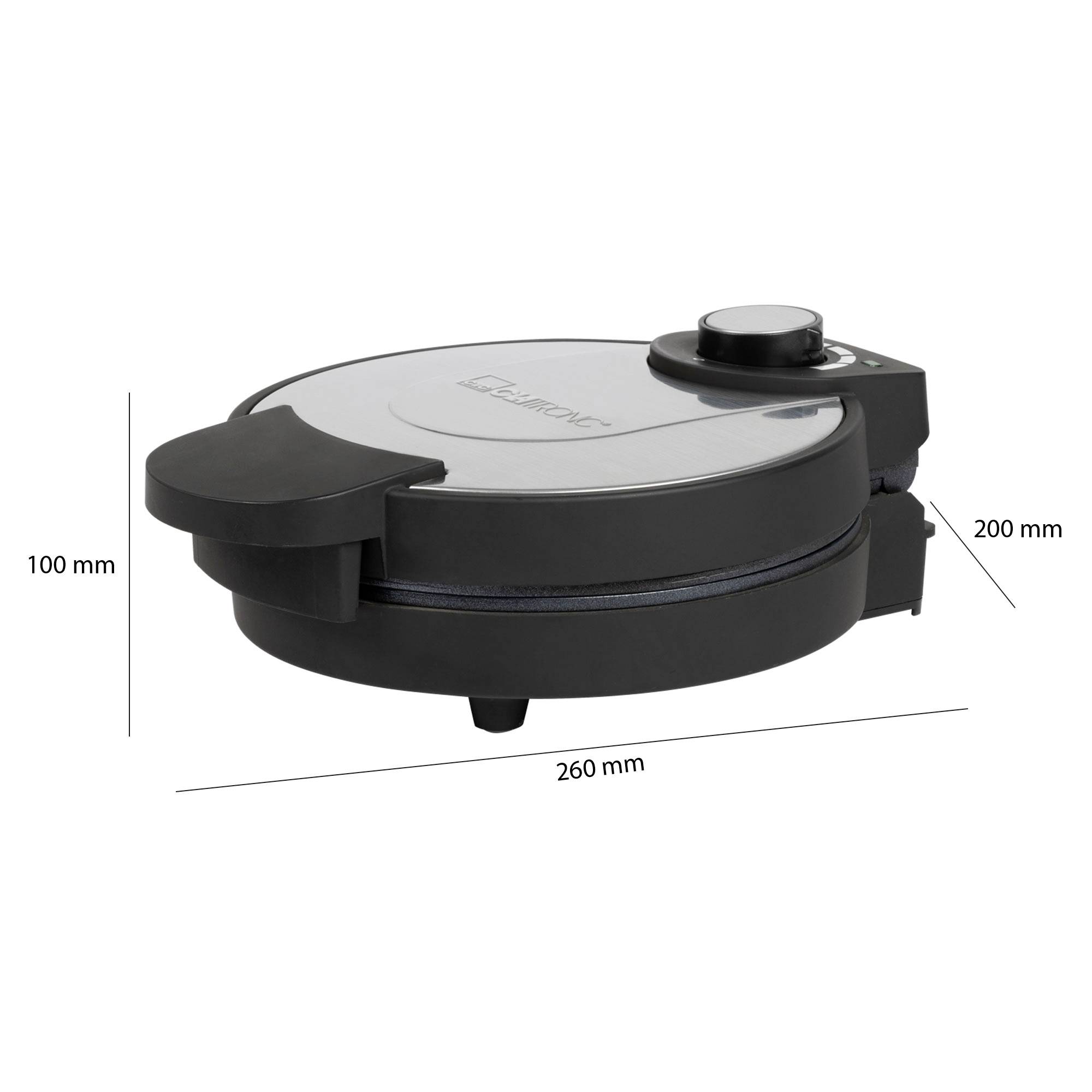 Čierny elektrický gril so strieborným vekom, priemer 260 mm, výška 100 mm, dĺžka 200 mm. Vhodný do interiéru aj exteriéru.