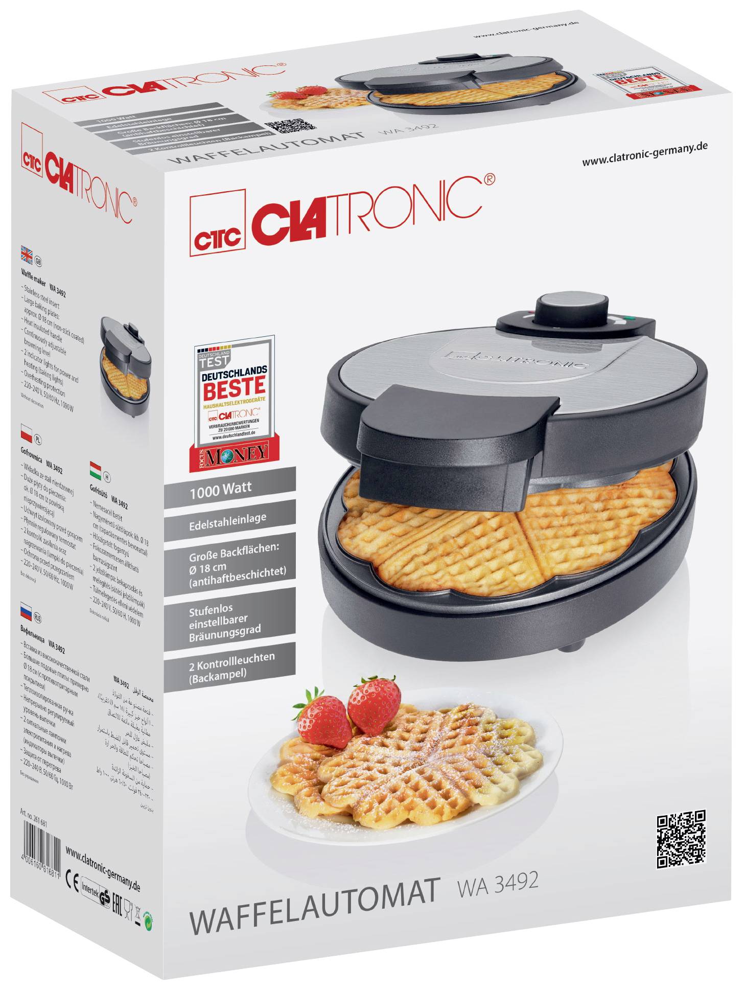 Clatronic výrobník wafiel WA 3492 na obale, zobrazuje upečené, srdcovité wafle s jahodami, výkon 1000 wattov.