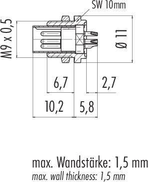 Technický výkres elektrickej konektora s rozmermi: dĺžka 10,2 mm, šírka 6,7 mm, výška 5,8 mm. Maximálna hrúbka steny: 1,5 mm.