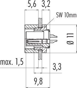 Technický výkres súčiastky s rozmermi 5,6 x 3,2 mm. SW je 10 mm, max. výška 1,5 mm, priemer 11 mm.