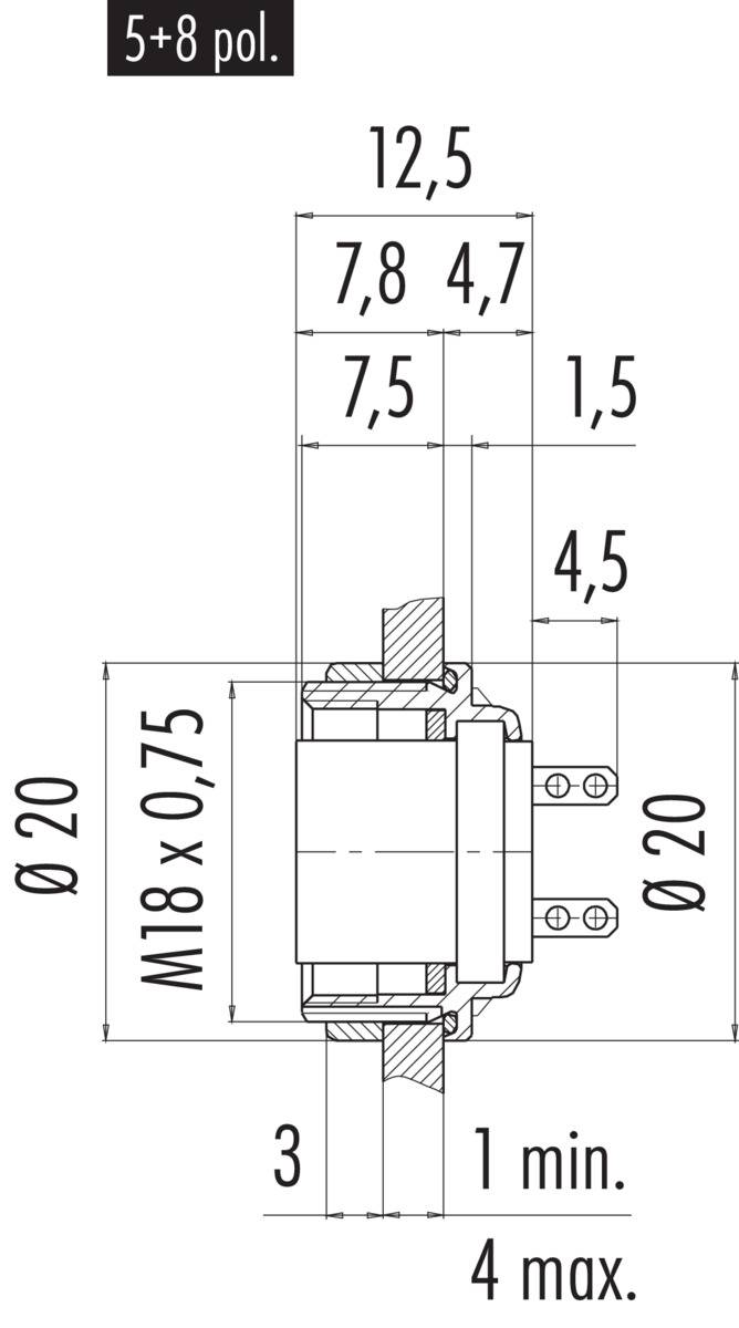 Technický výkres skrutkovej spojky. Rozmery v milimetroch: priemer 20, závit M18 x 0,75, celková dĺžka 12,5.