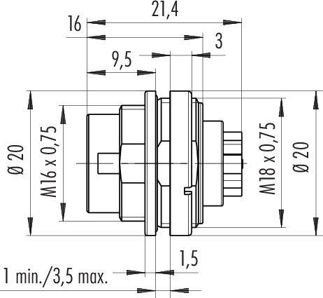 Technický výkres valcovitej súčiastky s rozmermi: priemer 20 mm, závit M16 x 0,75 a M18 x 0,75, celková dĺžka 21,4 mm.