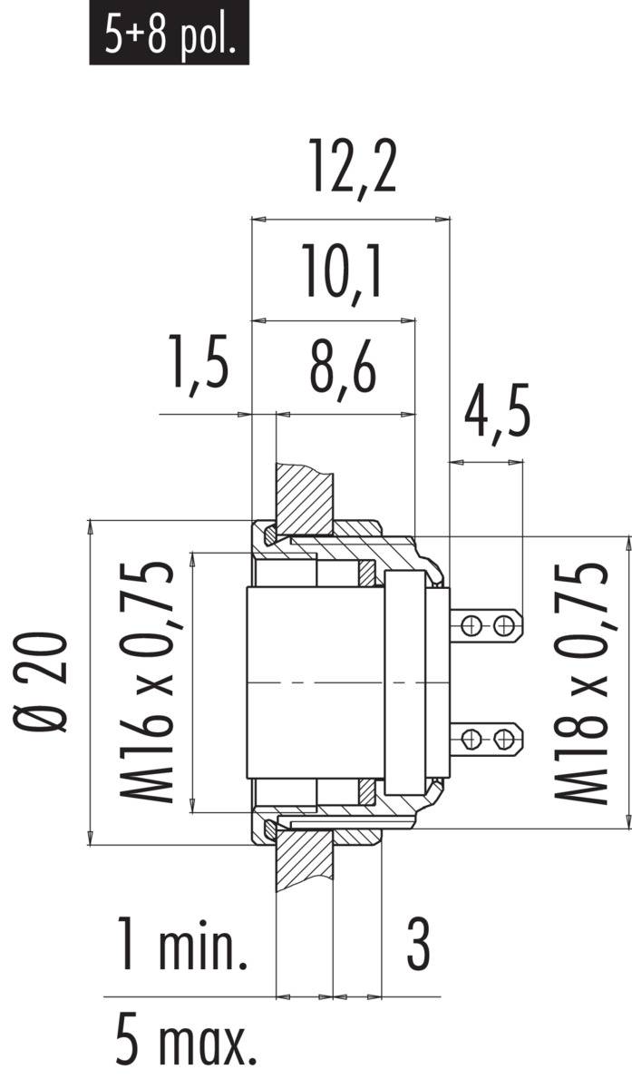 Technický výkres elektrického konektora s rozmermi v milimetroch. Zobrazuje priemer, dĺžky a údaje o závitoch.