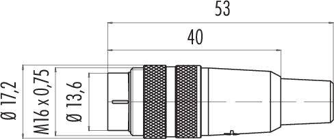 'Technická kresba konektora s rozmermi: celková dĺžka 53 mm, hlavný priemer 17,2 mm, závit M16 x 0,75.'