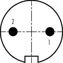 Elektrický konektor, dvojpólový. Pin 1 vpravo, Pin 2 vľavo označený. Guľatý konektor so zárezom dole pre orientáciu.