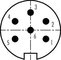 Diagram 6-pólovej elektrickej zástrčky s číslovanými kontaktmi. Body 1 až 6 označené.