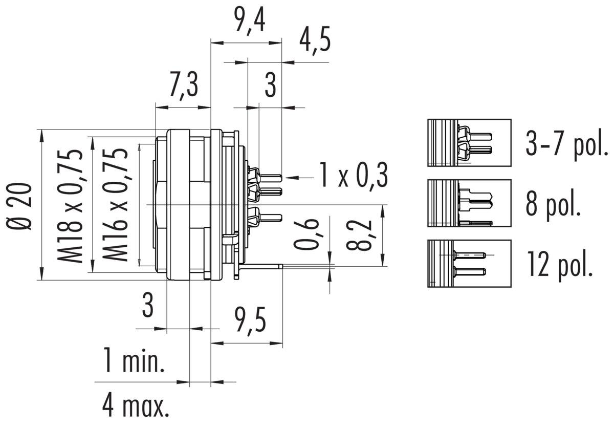 Technický výkres kruhového konektora. Rozmery sú uvedené: Ø20 mm, M18 x 0,75, M16 x 0,75. Varianty pre 3-7, 8 a 12 pinov.