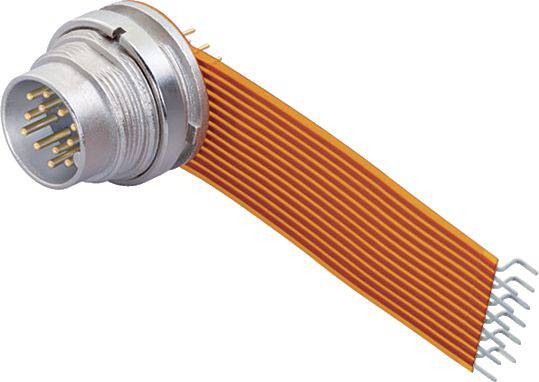 Elektrická zástrčka s kovovým krytom a pripojeným oranžovým plochým multižilovým káblom s viacerými pinmi.