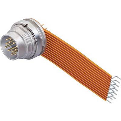 Elektrická zástrčka s kovovým krytom a pripojeným oranžovým plochým multižilovým káblom s viacerými pinmi.