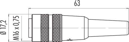 Technický výkres konektora s uvedením rozmerov: dĺžka 63 mm, priemer 17,2 mm, závit M16 x 0,75.