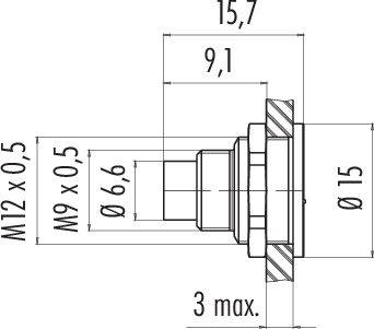 Technický výkres valcovej súčasti s rozmermi: 15,7 mm dĺžka, 9,1 mm Ø, závit M12 x 0,5 a M9 x 0,5, maximálny Ø 15 mm