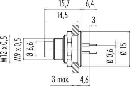Technický výkres elektrického konektora s rozmermi v milimetroch. Zobrazuje vonkajší závit, priemer a dĺžku.