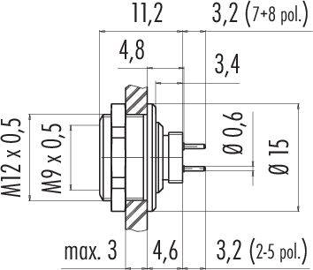 Technický nákres elektrickej zástrčky. Rozmery: Priemer 15 mm, veľkosti závitov M12x0,5 a M9x0,5, maximálna dĺžka 11,2 mm.