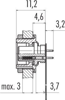 Technický výkres súčiastky s rozmermi: šírka 11,2 mm, výška 4,6 mm, hĺbka 3,2 mm. Maximálne rozšírenie 3 mm.