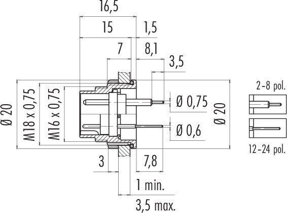 Technický výkres konektora s rozmermi a závitmi: M18 x 0,75 a M16 x 0,75. Priečny rez s podrobnými kótami.