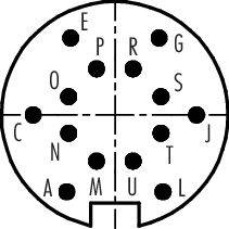 Diagram kruhového konektora s označenými kontaktmi E, P, R, G, S, J, L, U, M, A, N, C, O, s kolíkmi uprostred.