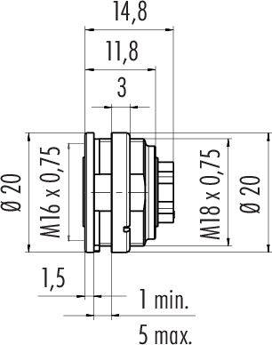 Technický výkres valcovitej súčasti s priemermi: 20 mm, 14,8 mm a 11,8 mm. Prípoje: M16x0,75 a M18x0,75. Maximálna dĺžka 5 mm, minimálna dĺžka 1 mm.