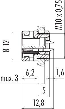 Technický výkres valcovitej súčiastky s rozmermi. Priemer 12 mm, závit M10 x 0,75, rôzne výškové kóty.