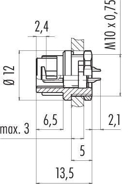 Technický výkres mechanickej súčiastky s rozmermi: ø12 mm, hĺbka 2,4 mm, maximálna výška 3 mm a šírka 13,5 mm.