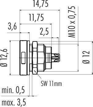 Technický výkres súčiastky s rozmermi: dĺžka 14,75 mm, priemer 12 mm, závit M10x0,75, šírka kľúča SW 11 mm.