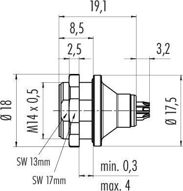 Technický výkres súčiastky s rozmermi v milimetroch; zobrazuje detaily ako veľkosť závitu (M14 x 0,5) a šíriu kľúča (SW 13 mm, SW 17 mm).