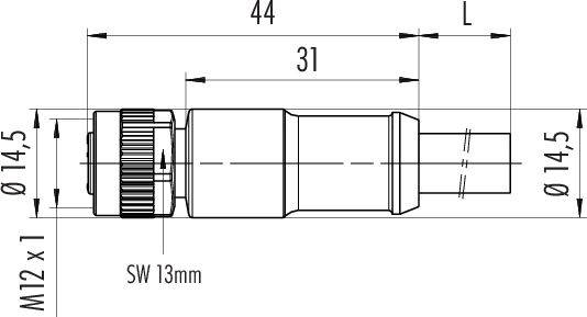 Technický výkres valcového konektora, rozmery sú 44 mm dĺžka, 14,5 mm priemer, závit M12 x 1, šírka kľúča 13 mm.