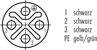 Diagram elektrického konektora so štyrmi kontaktmi: 1, 2 a 3 sú čierne, PE je žlto/zelený.