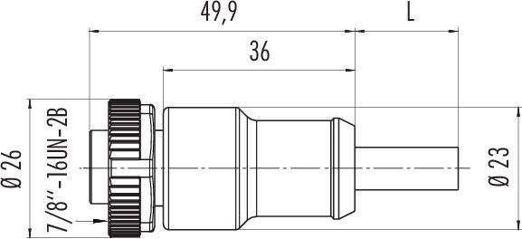 Technický výkres valcového konektora so závitom. Rozmery: celková dĺžka 49,9 mm, priemer vpredu 26 mm, vzadu 23 mm.