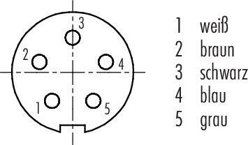 Diagram 5-pinového konektora s očíslovanými pinmi a farebným kódovaním: 1-biela, 2-hnedá, 3-čierna, 4-modrá, 5-sivá.