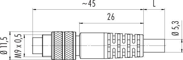 Technický výkres konektora s rozmermi: dĺžka 45 mm, priemer 11,5 mm, závit M9 x 0,5.