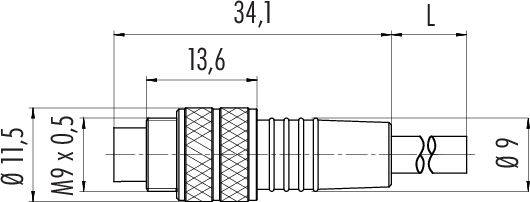 Technický výkres valcového konektora s rozmermi: celková dĺžka 34,1 mm, priemer 11,5 mm a 9 mm, závit M9 x 0,5.