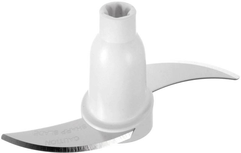 Dva zakrivené kovové nože na bielej plastovej rukoväti, pravdepodobne súčasť kuchynského mixéra alebo sekačky na potraviny.