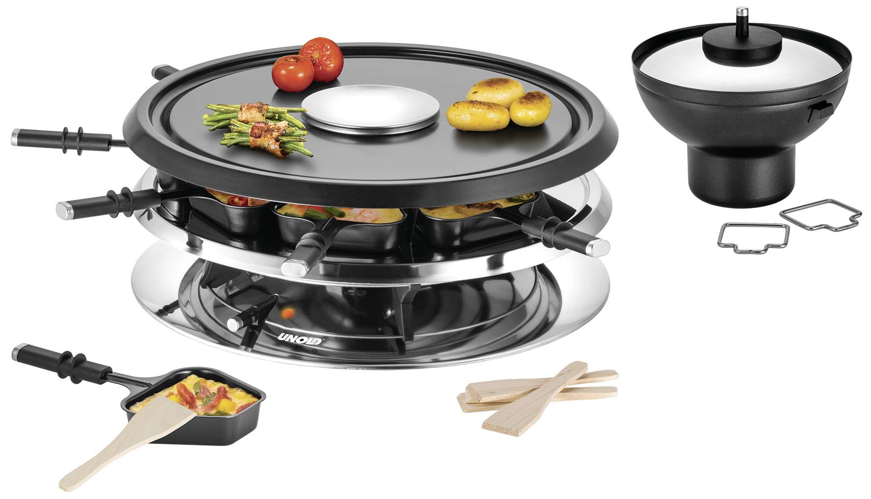 Raclette gril s ôsmimi panvičkami, horúcim kameňom na mäso a zeleninu, ako aj fondue hrncom. Príslušenstvo: drevená špachtľa.