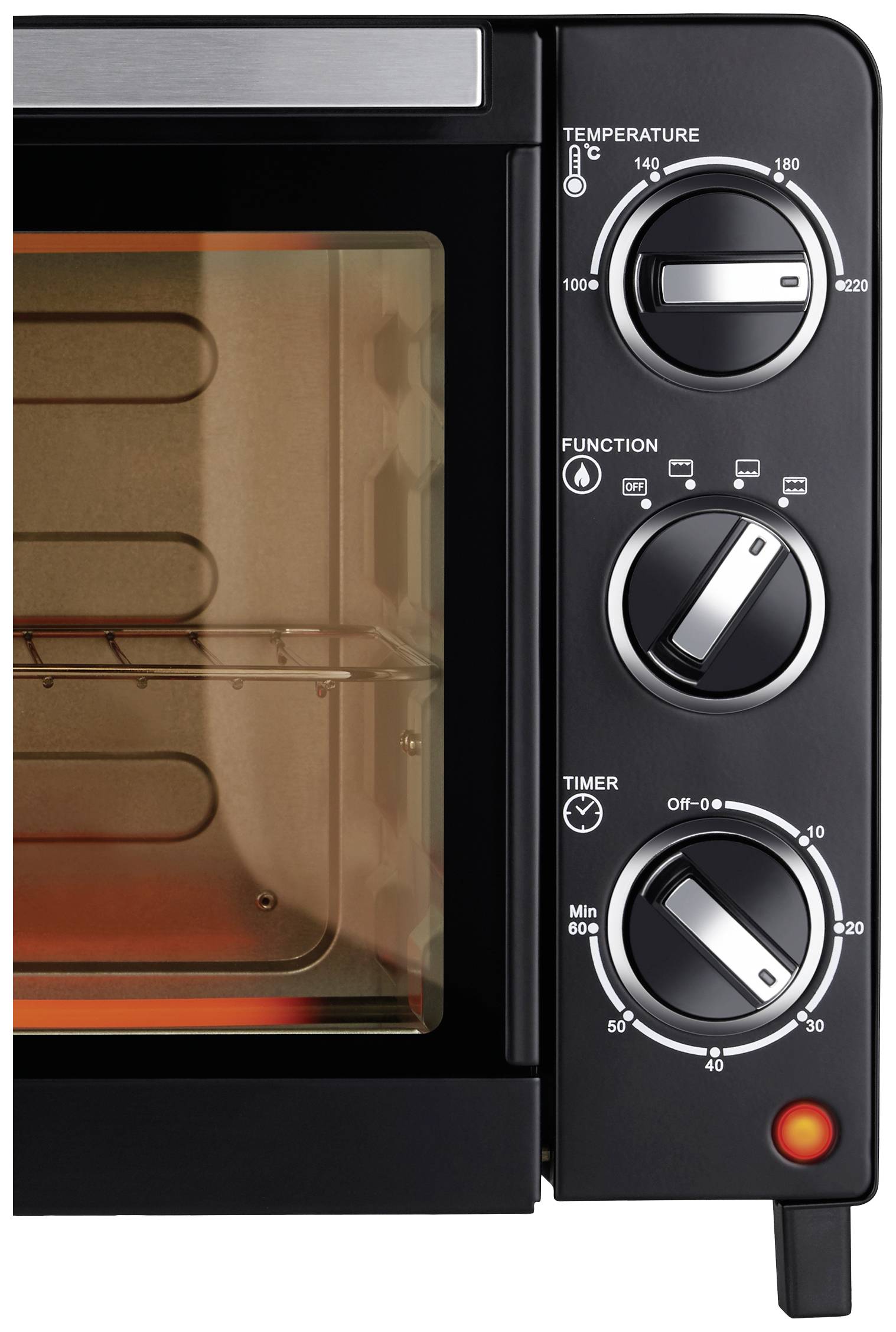 Ovládací panel rúry zobrazuje tri otočné gombíky pre teplotu, funkciu a časovač. Teplota je nastaviteľná od 100° do 230°C.