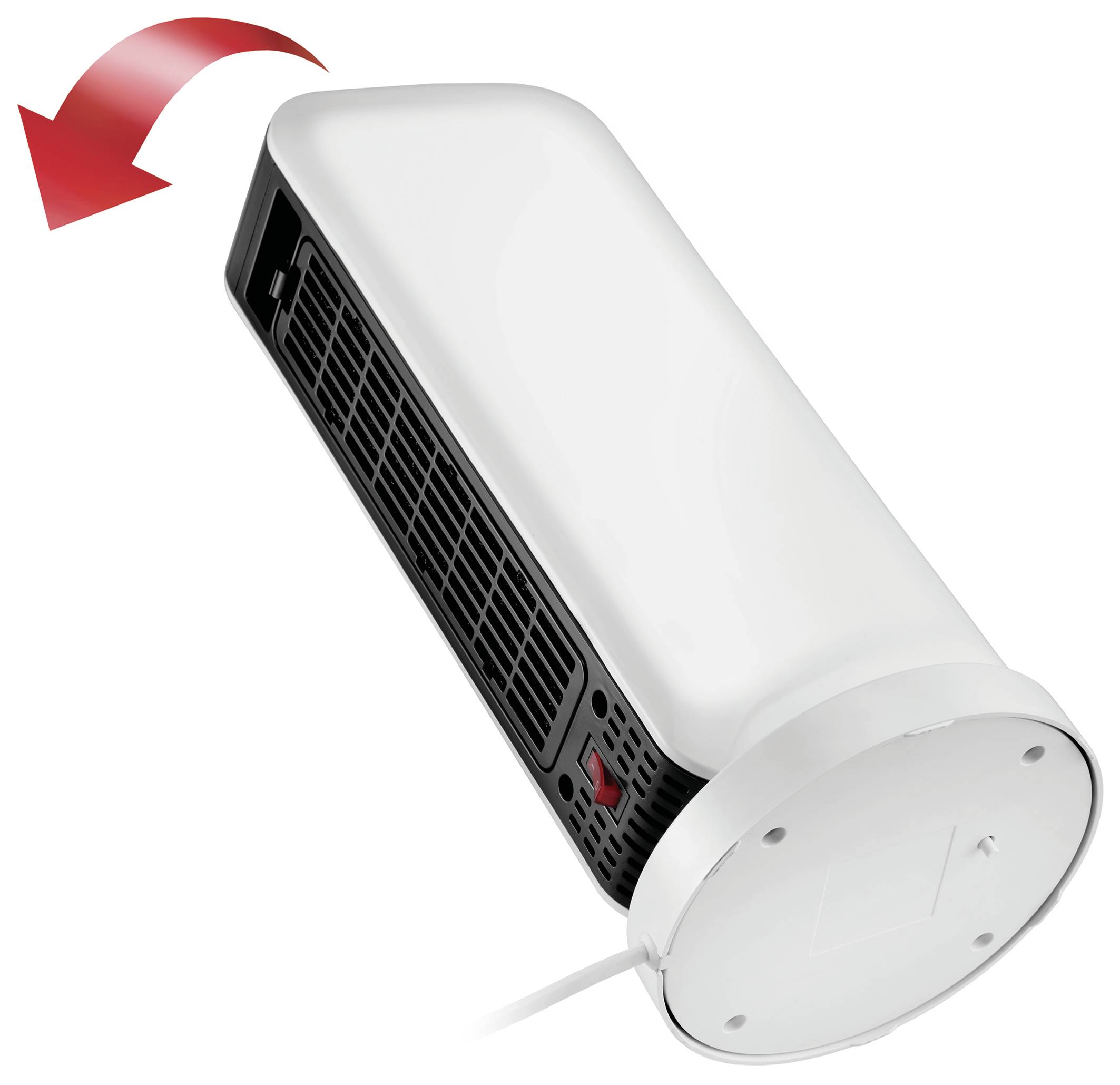 Biely elektrický teplovzdušný ventilátor s čiernym vetracím otvorom a červenou šípkou ukazujúcou funkciu náklonu dopredu.