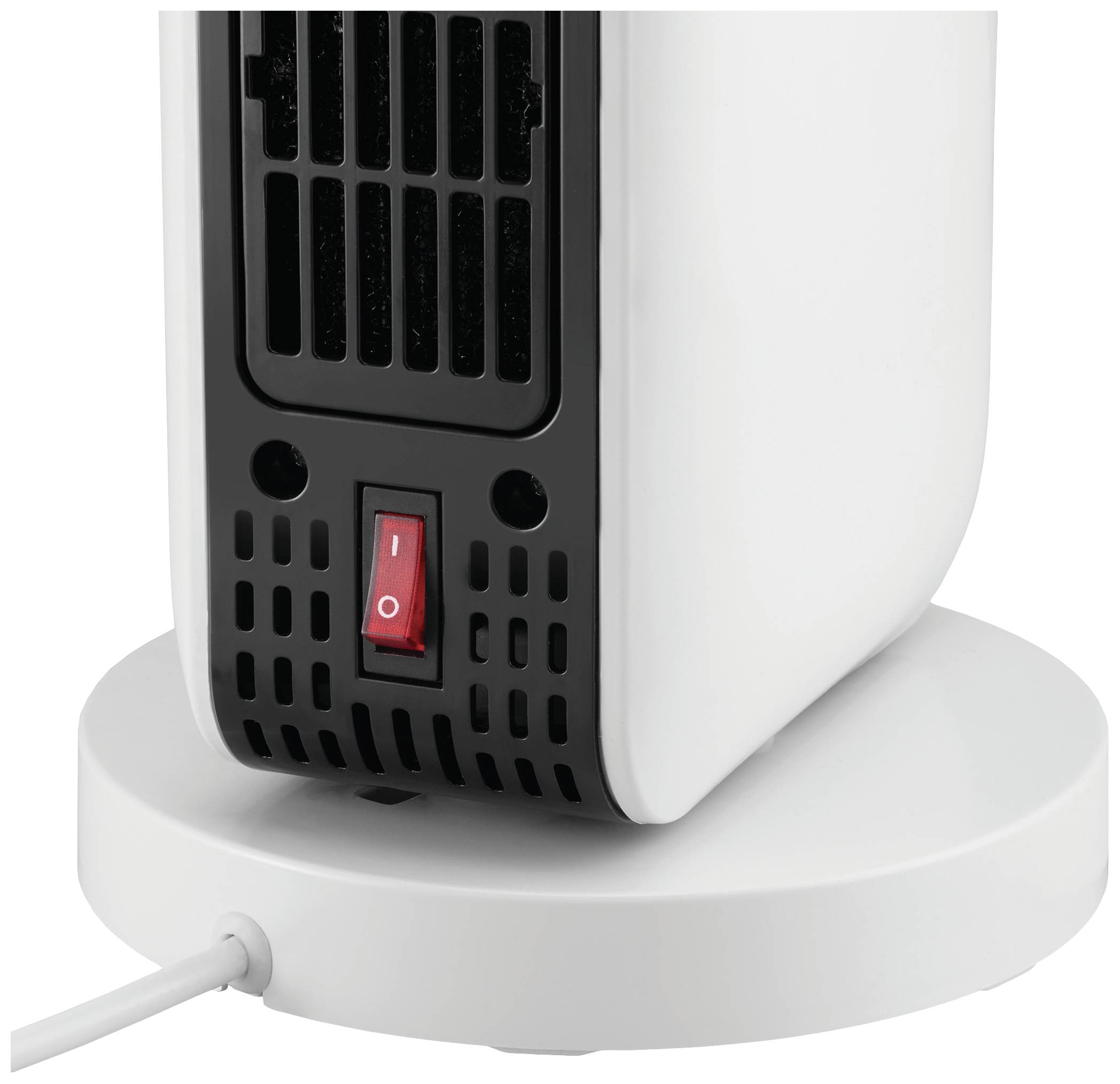 Biely elektrický teplovzdušný ventilátor s čiernou mriežkou a červeným vypínačom, stojaci na bielom podstavci.