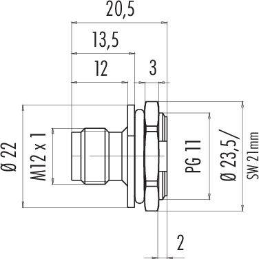 Technický výkres ventilu: Celkové rozmery 20,5 mm, priemer 22 mm, prípoj M12 x 1, PG11, šírka kľúča 21 mm.