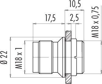 Technický výkres valcového závitového adaptéra. Rozmery: dĺžka 17,5 mm, priemer Ø 22 mm, závit M18x1 a M18x0,75.